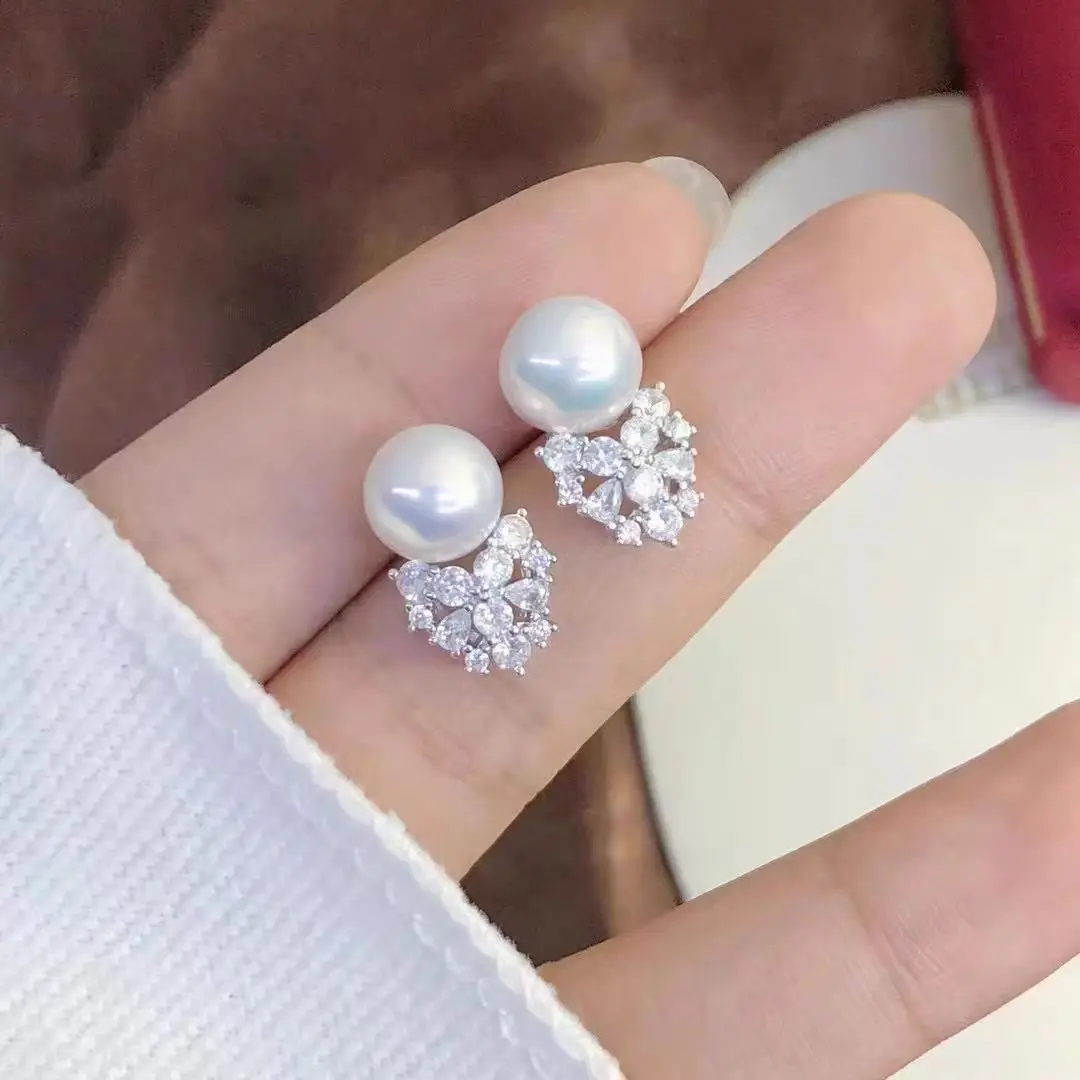 one pair zircon and white pearls flower stud earrings FPPJ wholesale beads for xmas gift