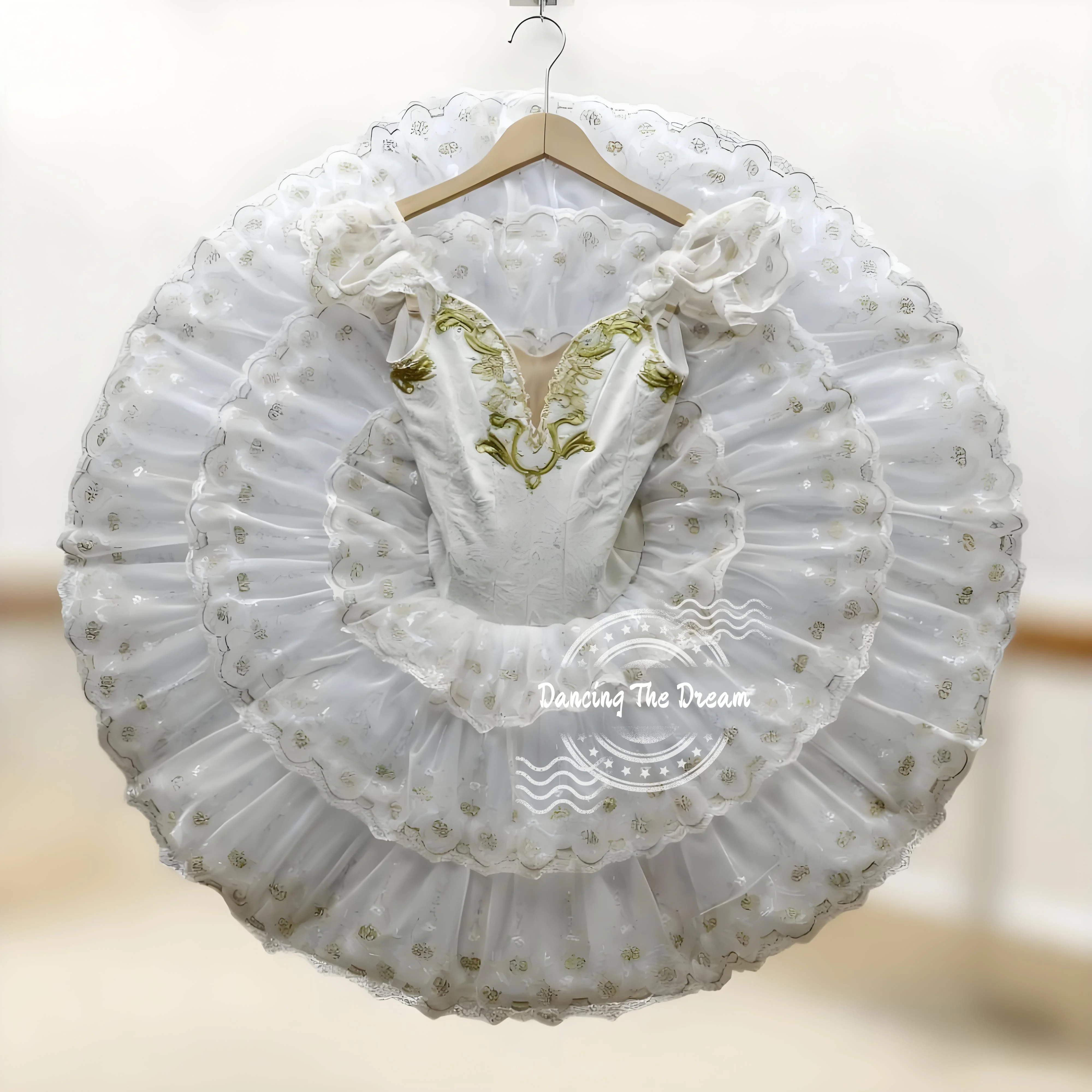 Fantasia de tutu de balé com bordado floral branco e dourado para meninas, roupa de dança elegante para performance e recital