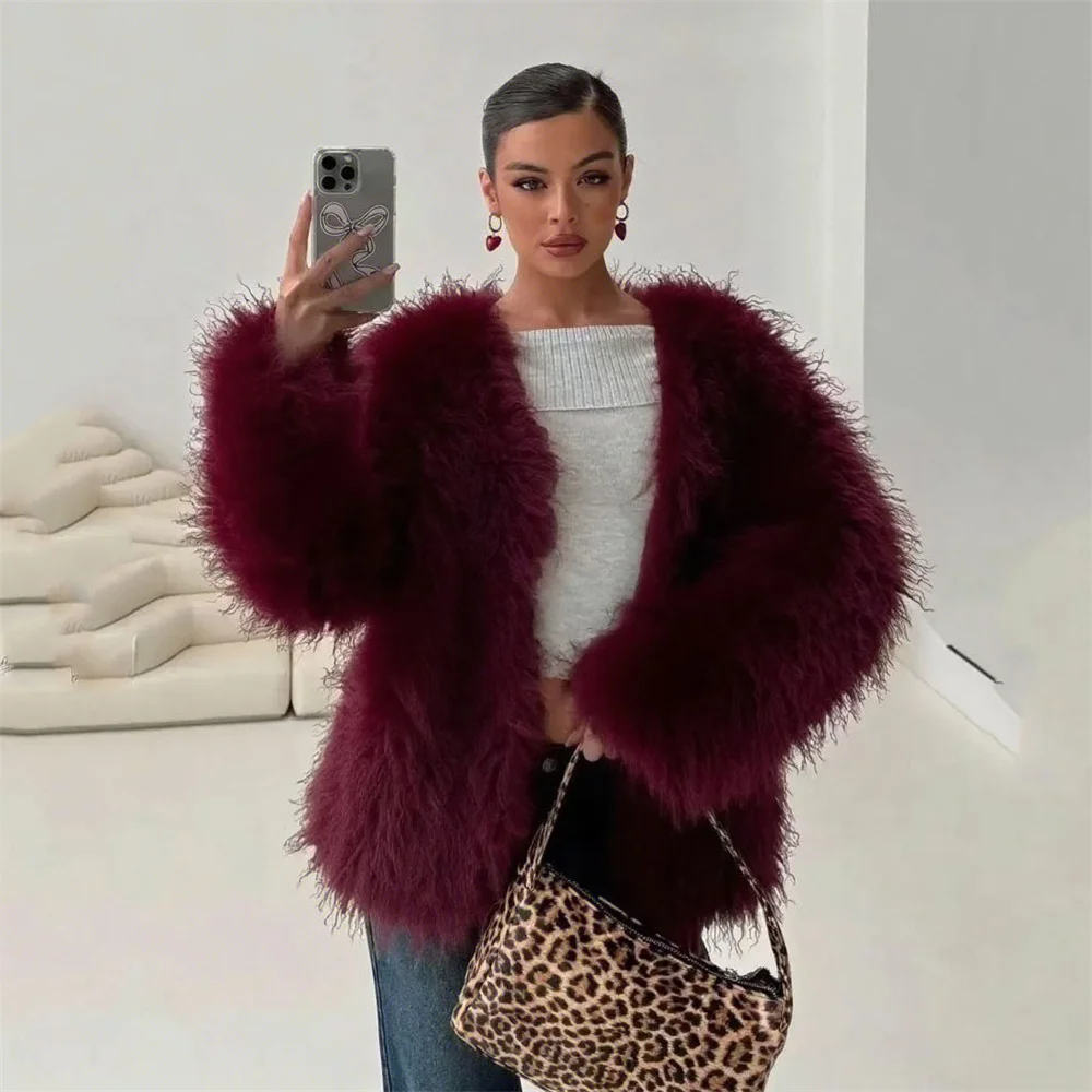 Abrigo de invierno de piel sintética para mujer, abrigo de lana de imitación gruesa de felpa, ropa informal con botones ocultos a la moda para mujer, abrigos de invierno para mujer