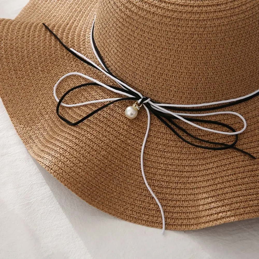 

Trendy French Style Pearls Strap Straw Hat Spring Summer Beach Folding Straw Hats Wide Brim Travel Women's Sun Hat Outdoor
