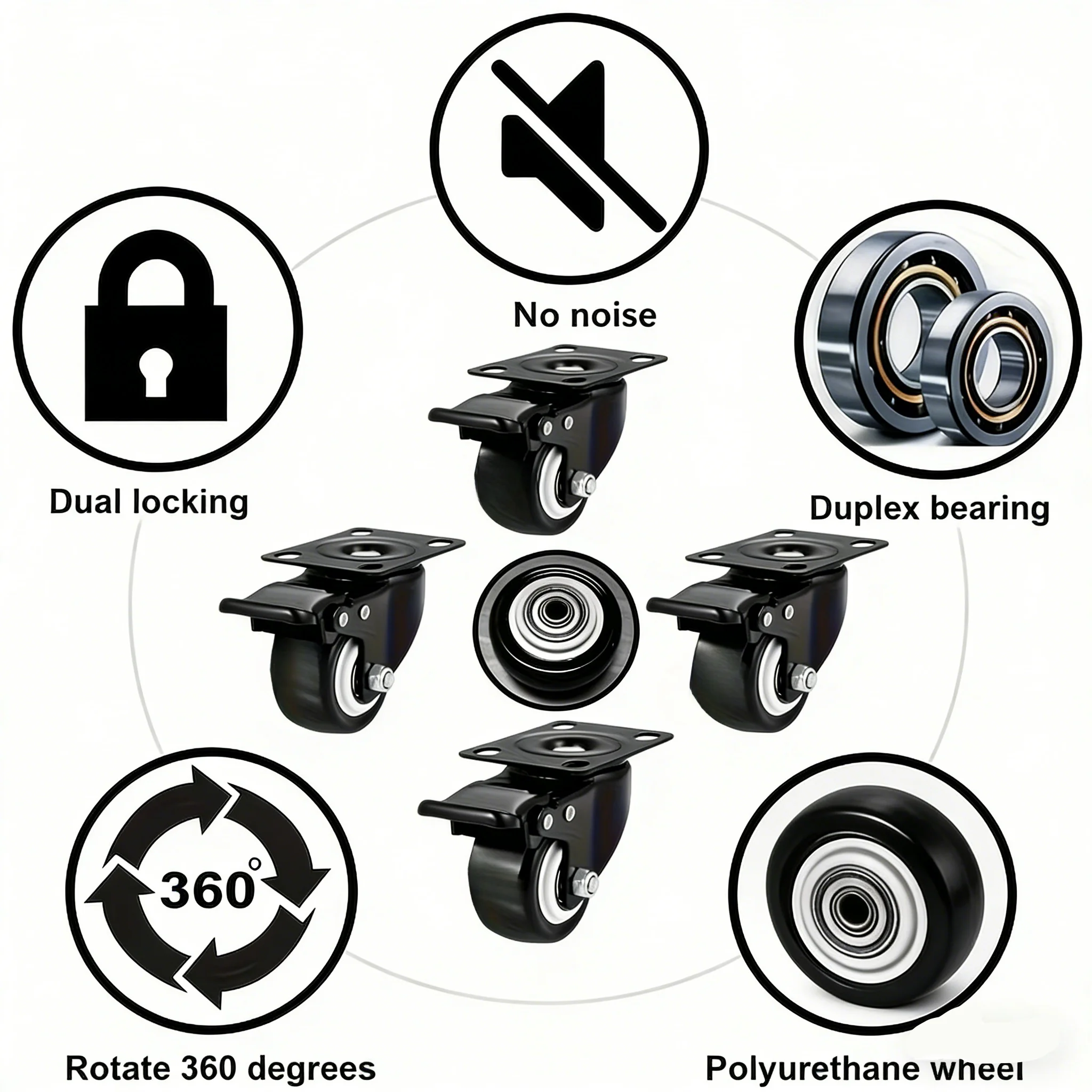 

Комплект из 4-х усиленных поворотных колесиков из полиуретана, 360° ° Вращающиеся промышленные ролики с двойным подшипником, бесшумные и износостойкие