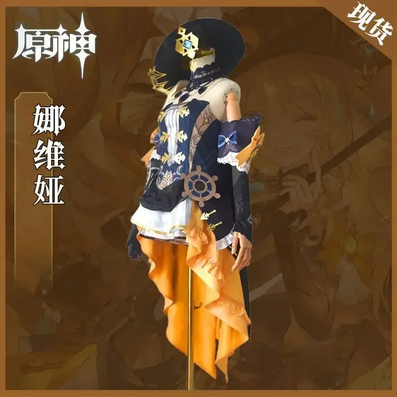 

qq34Game Genshin Impact Navia Cosplay Costume Wig Dress Uniform Fontaine Spina Di Rosula Hat Earrings Gloves Necklace Party