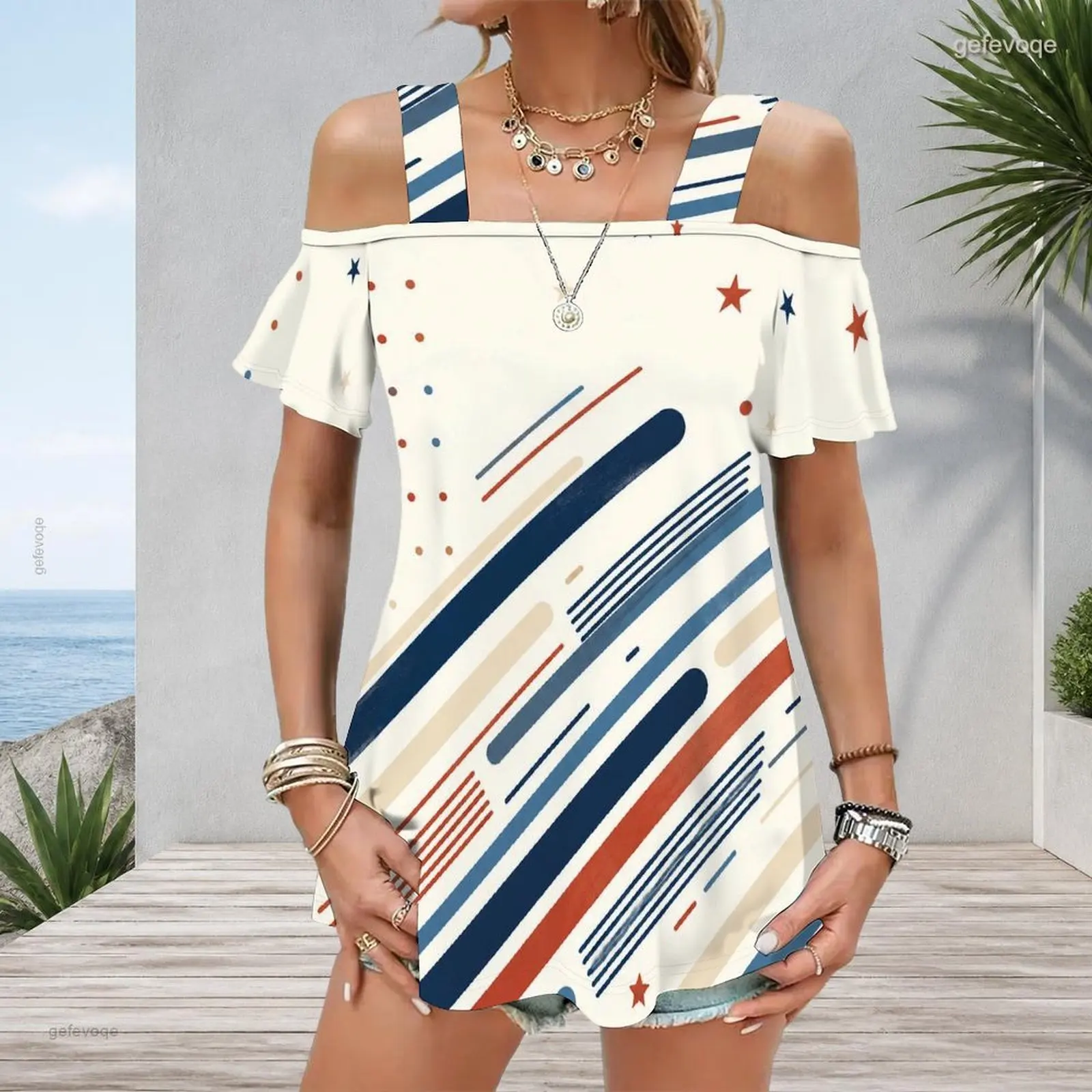 Women Top with Print Wide Straps Cold Shoulder Flutter Sleeve Straight Hem