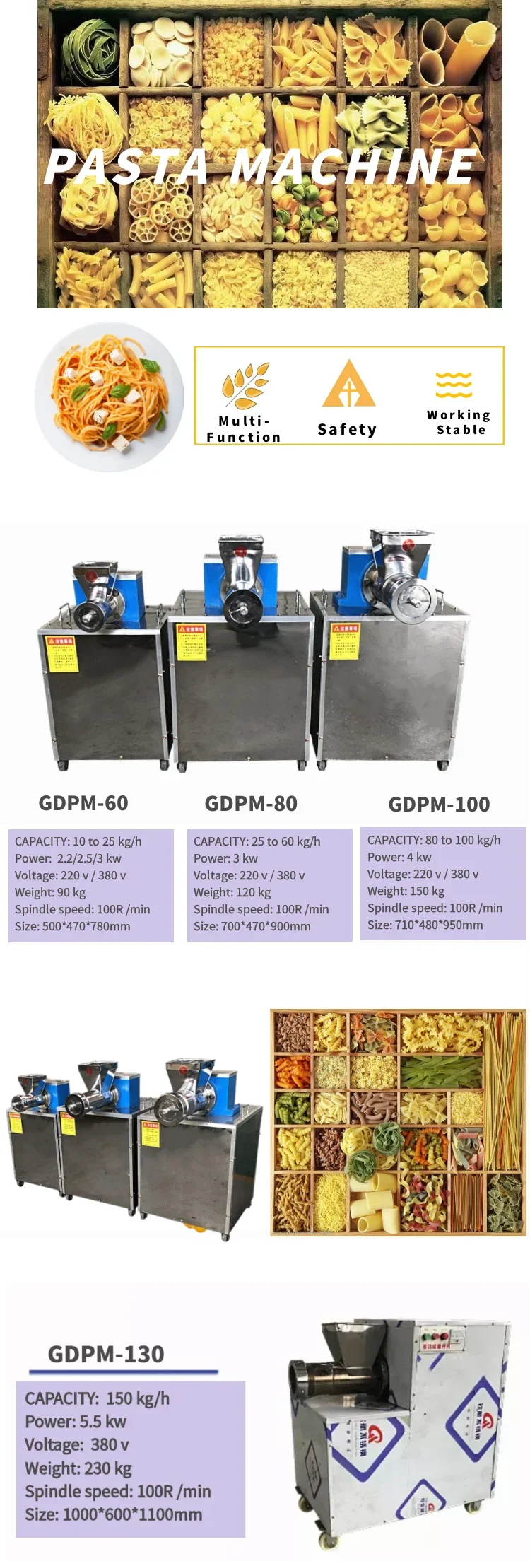 Commercial Automatic Pasta Maker Machine, Multi-shape Mini Extruder for Spaghetti Macaroni Farfalle Noodle Processing