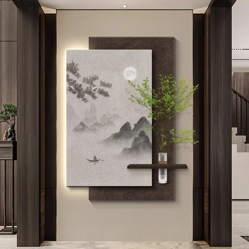 Ink and water landscape entrance decorative painting high-end three-dimensional wall lamp hydroponic green plants new Chinese co