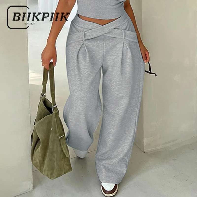 

BIIKPIIK High Waist Women Sweatpants Sporty Streetwear Straight Pants Simple Casual Grey Trousers Autumn Winter All-match Bottom