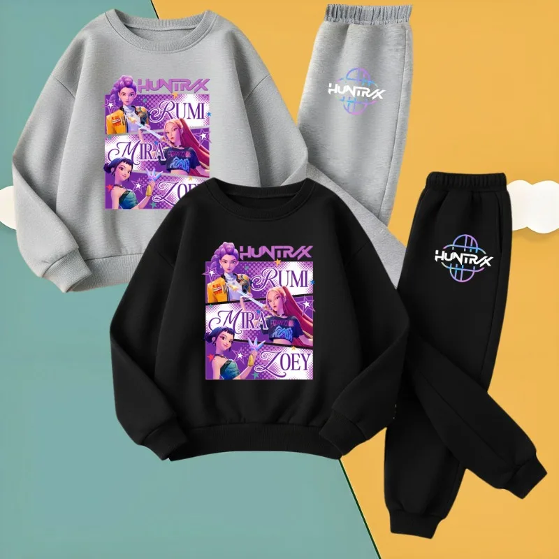 K-POP الكرتون المطبوعة الفتيات مجموعة ملابس عصرية ربيع الخريف الأطفال س الرقبة هوديس طويل بانت 2 قطعة مجموعة الاطفال بلوزة كاجوال مجموعة #1