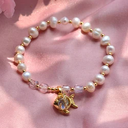 100% Natural Freshwater Pearl Sweet Fish Animal 14K Gold Filled Female Charm Bracelet Jewelry For Women Birthday Gifts No Fade