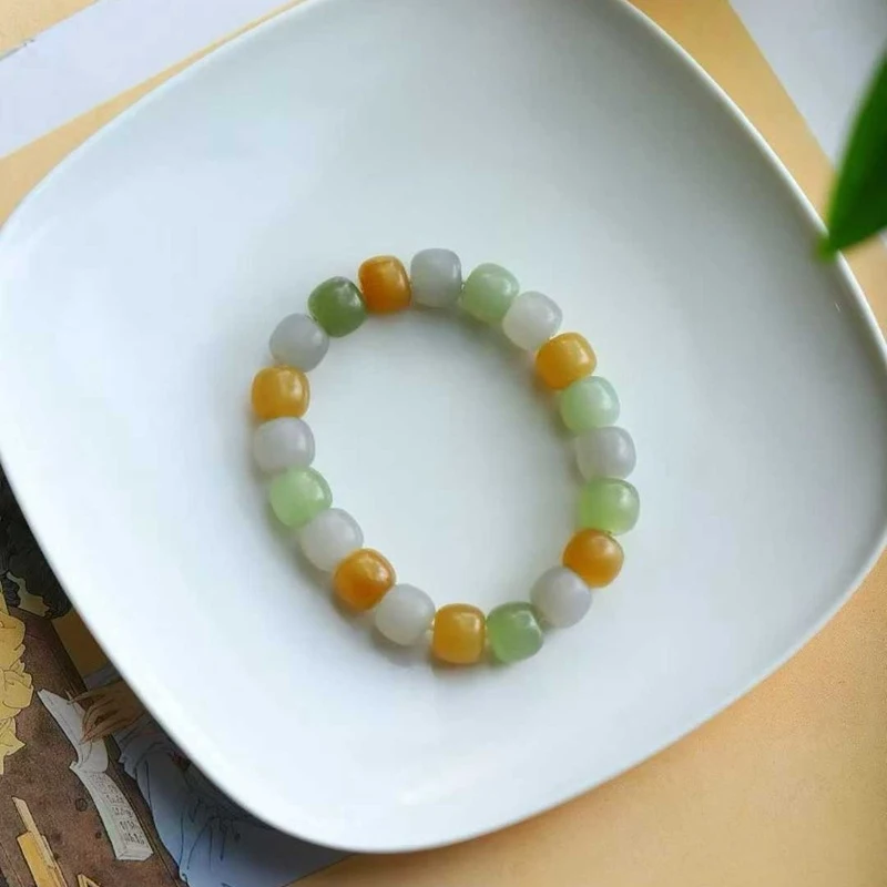 

Natural Hetian from Qinghai, smoky purple color, yellow jade, sugar-colored material, multi-gemstone old-style bead bra