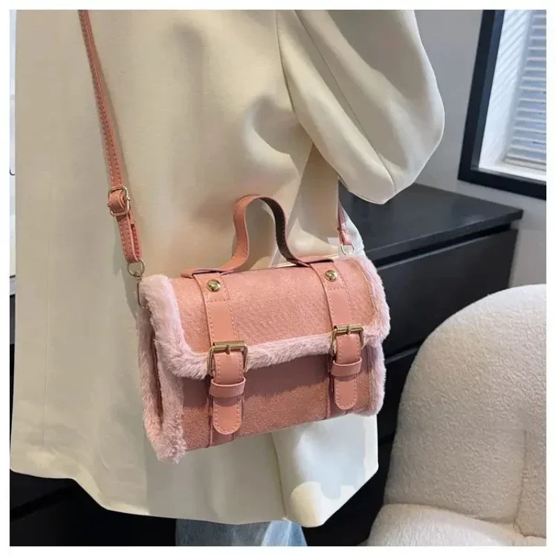 New Autumn Winter Plush Bag Women's Korean Retro Small Square Handbags Suede Lamb Wool Patchwork Shoulder Crossbody Bags