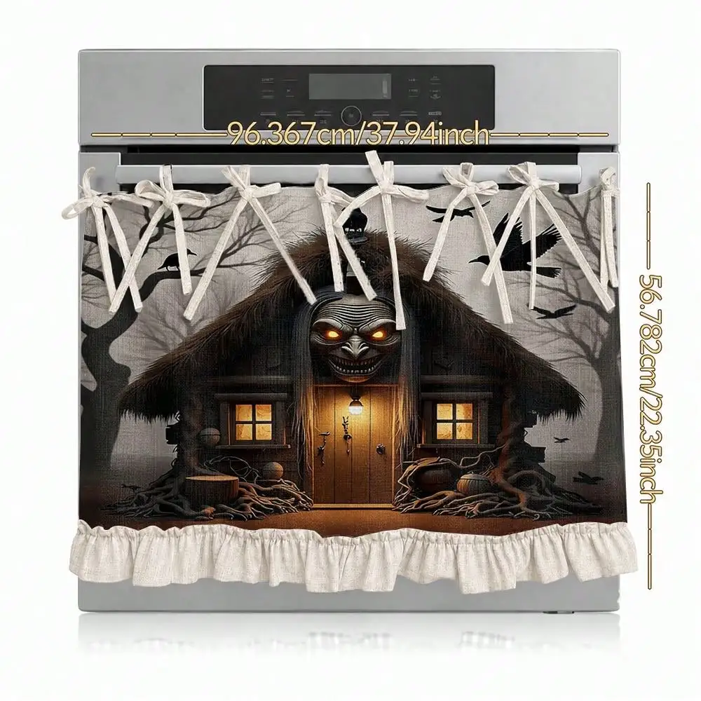 2D Halloween House Pattern, Multi-Functional Decorative Curtain, Suitable for Kitchen Skirt, Oven Cover, Washing, Dishwasher, Bathroom Window Decoration, And Kitchen, Halloween Kitchen Apron