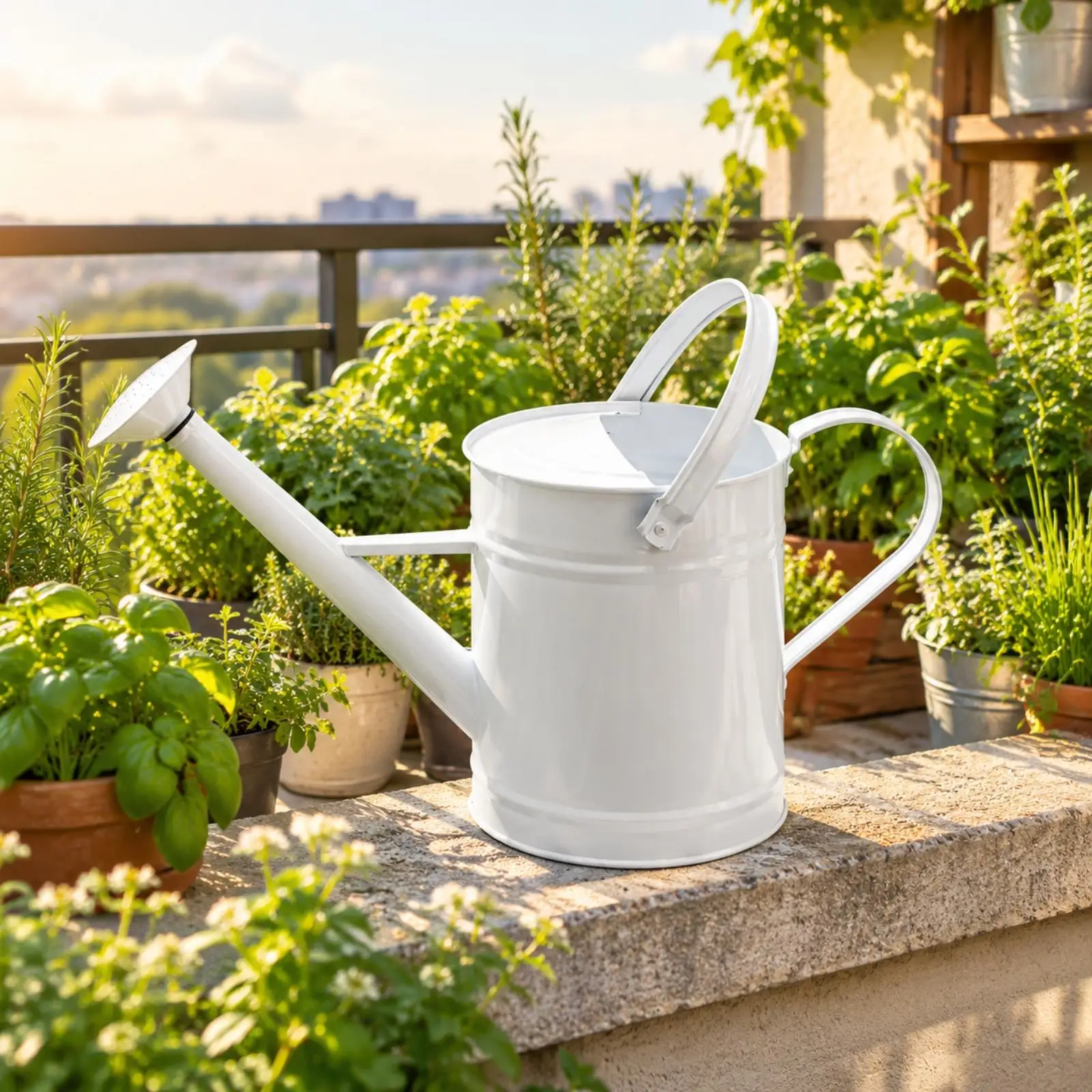 White Metal Watering Can 3.5L with Sprinkler Head 304 Stainless Steel Garden Watering Pot for Houseplants and Patio