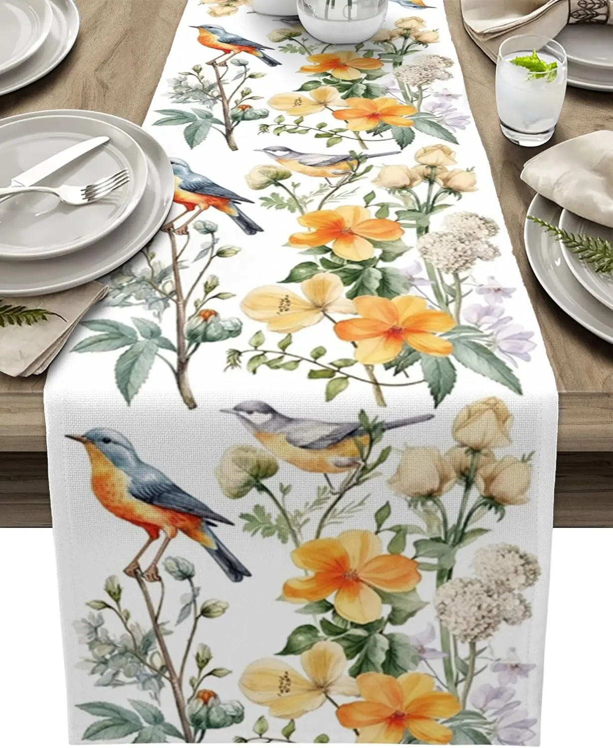 

Винтажная льняная дорожка с цветочным принтом птицы и зелеными листьями, декор для праздничной вечеринки, многоразовая дорожка для кухонного обеденного стола, свадебные украшения