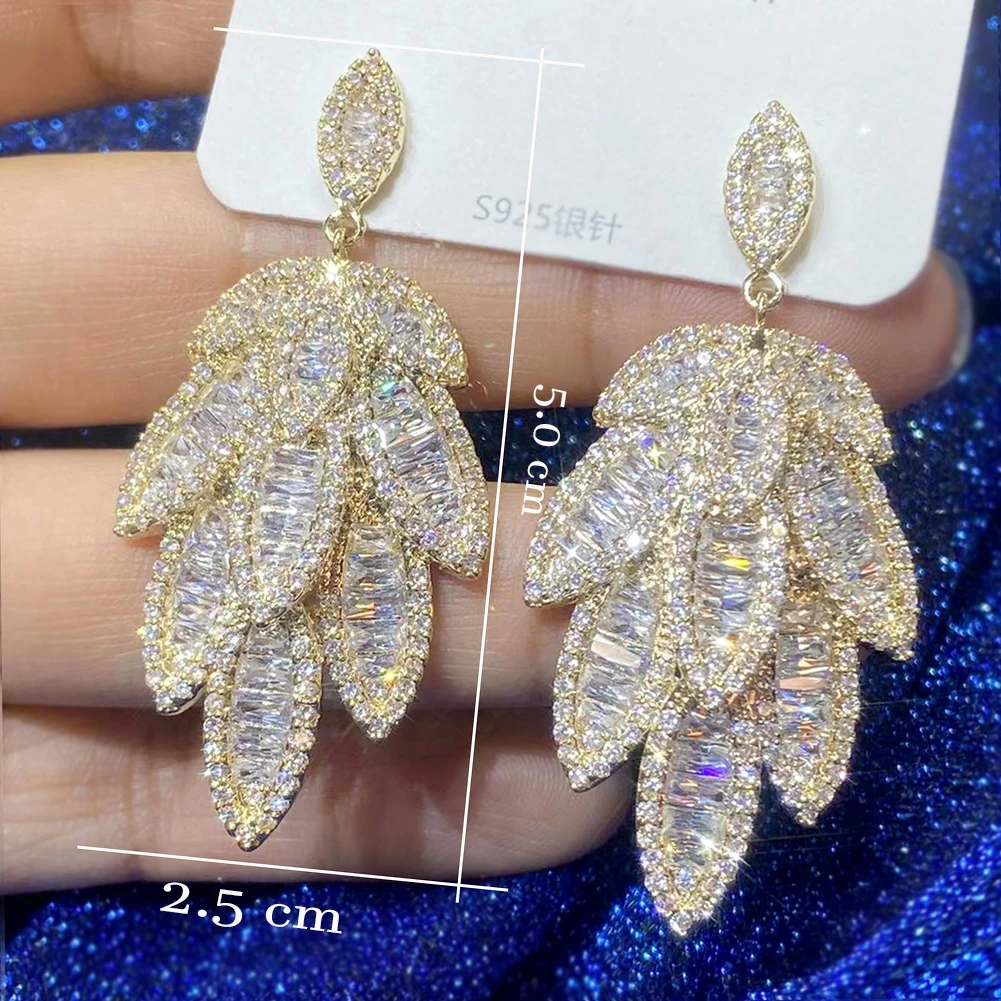 Trendy Gold Color With Silver Leaf Dangle Earrings For Women Luxury Cubic Zirconia Micro Setting Bridal Wedding Jewelry 00086