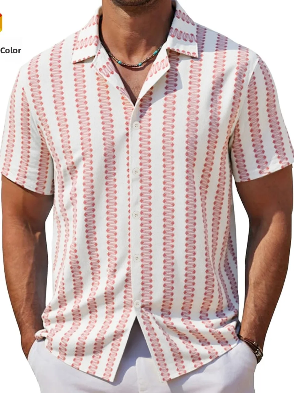 

Casual Men's Striped irt Cuban Collar Beach Sle ort Sve 2026 American Faion Loose Fit Polyester Thin Summer irt