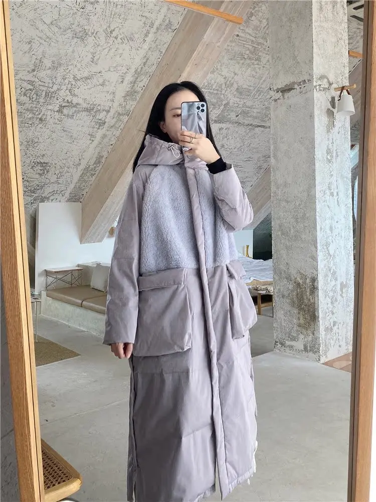 

Women's White Du down Jaet Long Over-Knee Loose Fit Hooded Mid-Length Blue Winter Coat Korean Sle Commute Faion