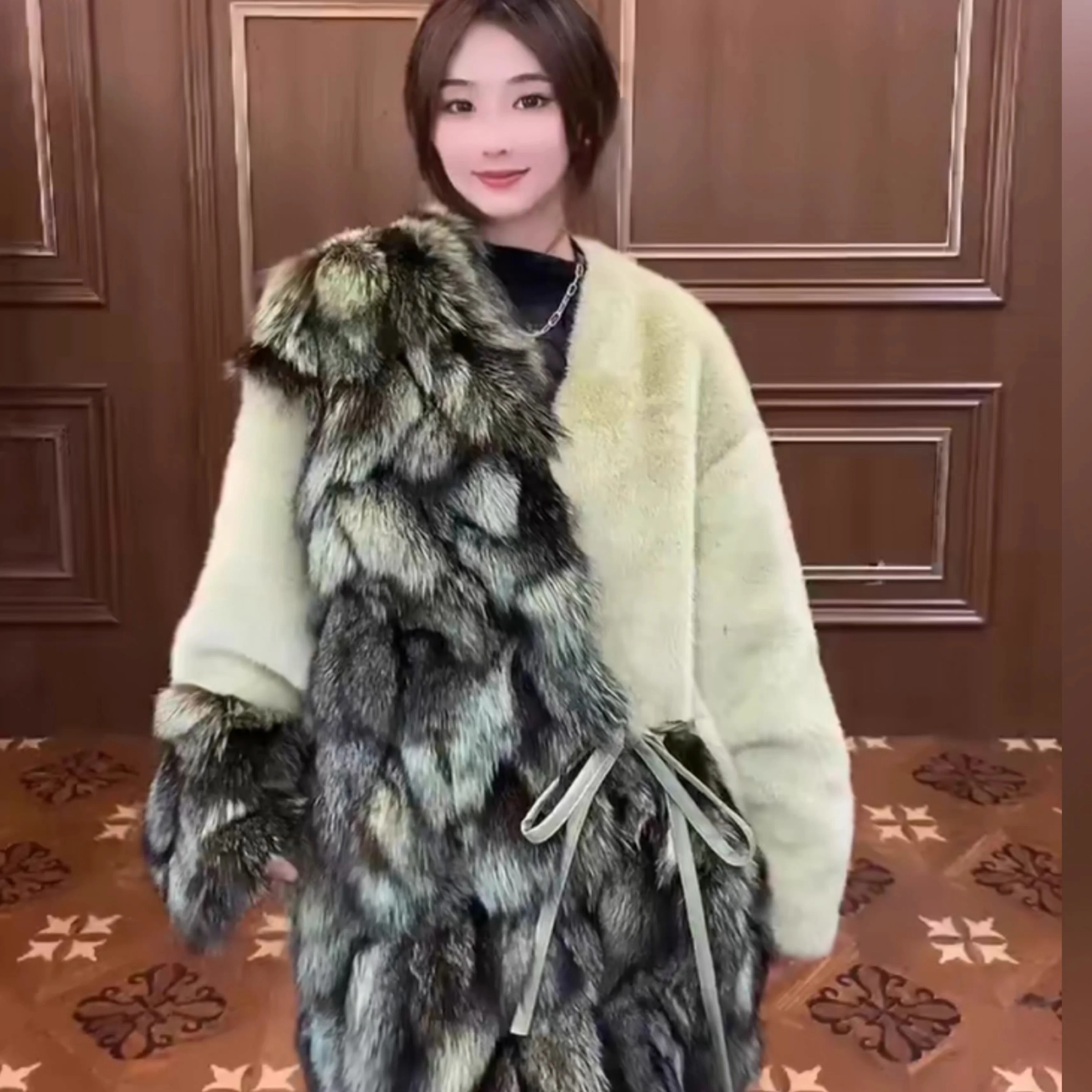 2023 New Fashion Lady Fox Fur Patchwork Mink Fur Overcoat Winter Warm Long Sleeve Outerwear Trendy Age Reduction Faux Fur Coat