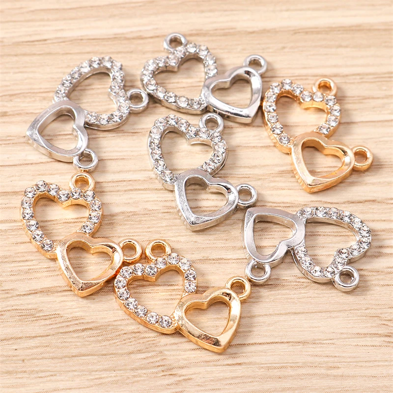 10 Stück 16x15mm Niedliche Kristall-Legierung Doppelherz-Anhänger für Schmuckherstellung, Ohrringe, Halsketten, DIY-Bastelzubehör – Detail 9