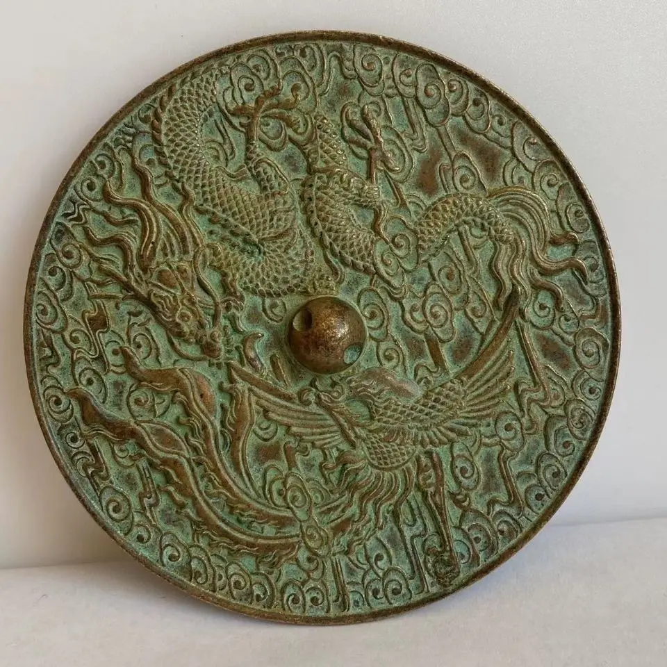 Vintage Pure Copper Small Hand Mirror with Dragon & Phoenix, Nine Dragons Protective Mirror