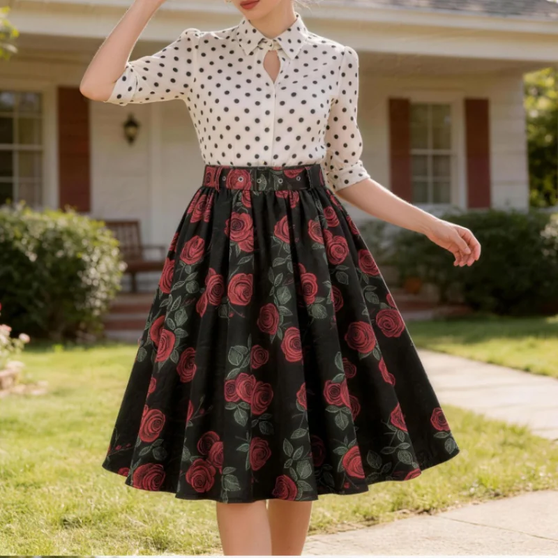 

Женская винтажная юбка миди 1950-х годов с высокой талией, расклешенная, с поясом, летняя, черная, с цветочным принтом в стиле ретро, для вечеринок, повседневная, на каждый день