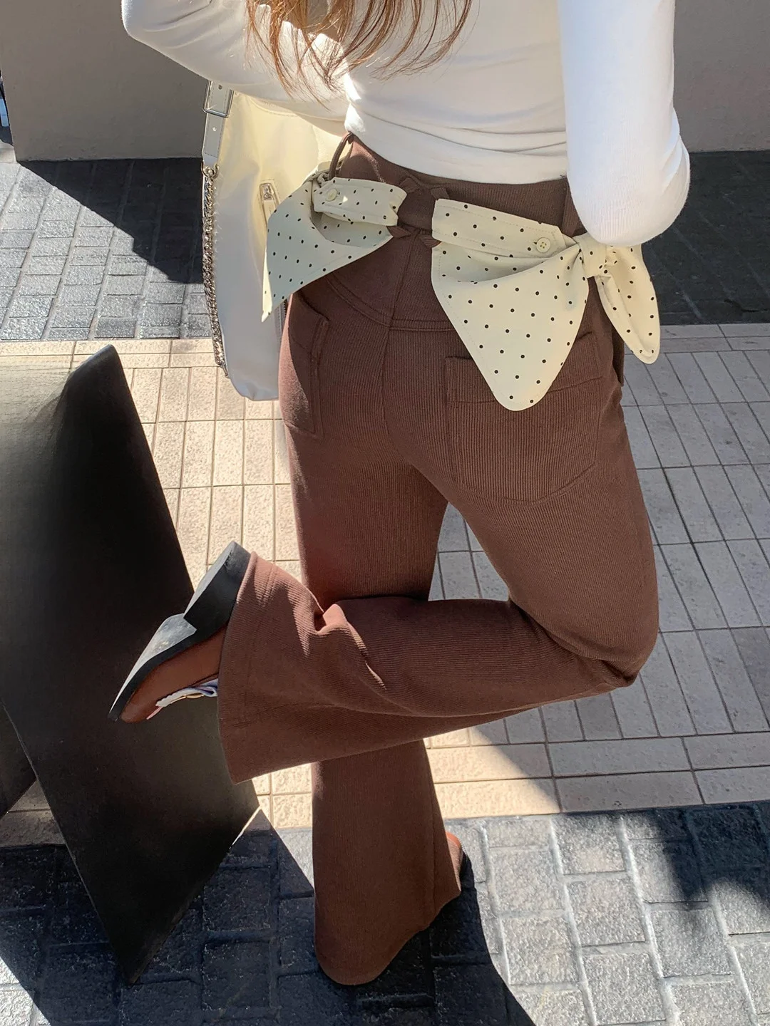 

Gula Liangpin Vintage 3D Hip Knot Polka Dot Elastic Micro Flared Casual Pants High Waist Zipper Closure Slim Fit