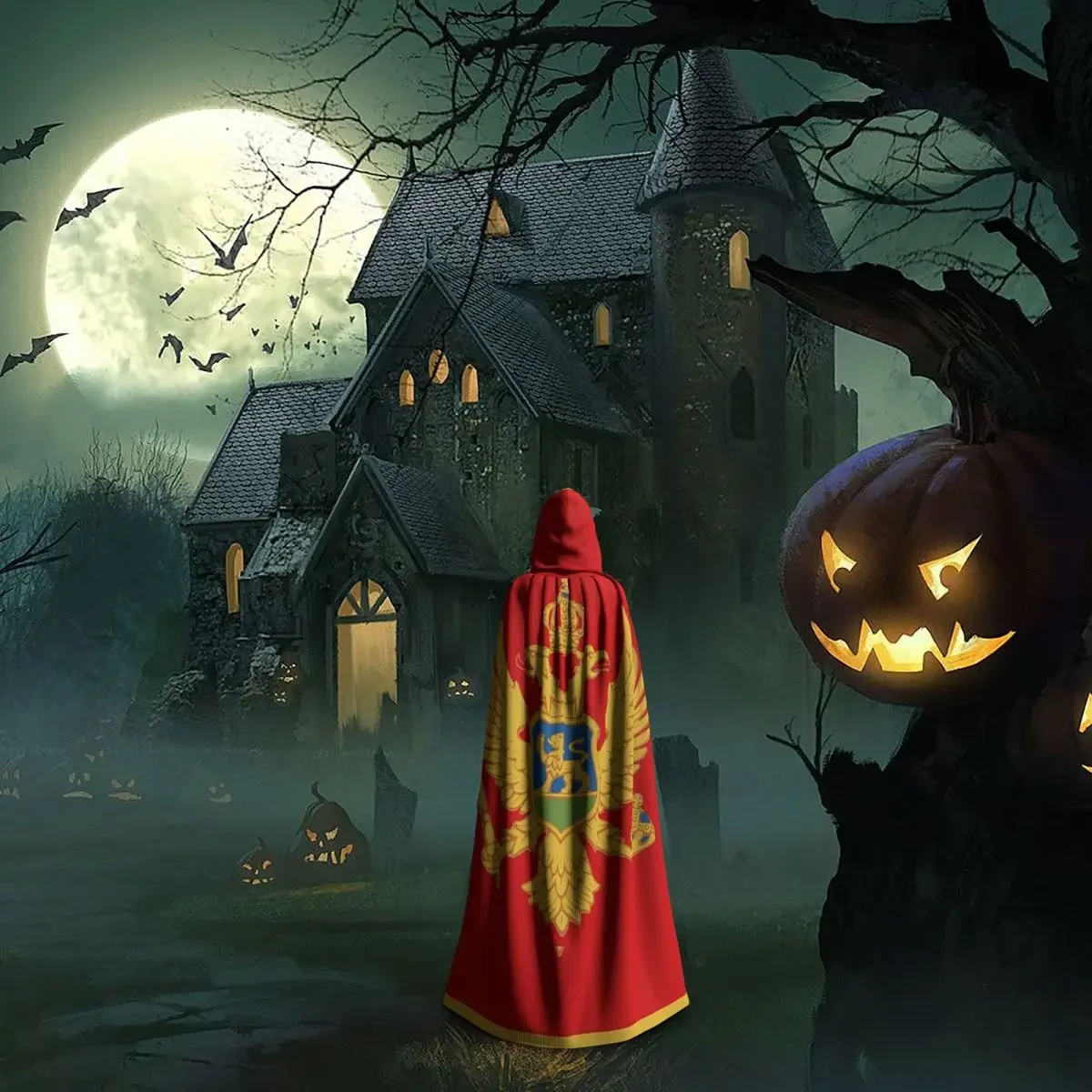 Montenegro Flag Long Hooded Cloak Witch Medieval Costume Cosplay Cape HalloweenVampire Adult Unisex