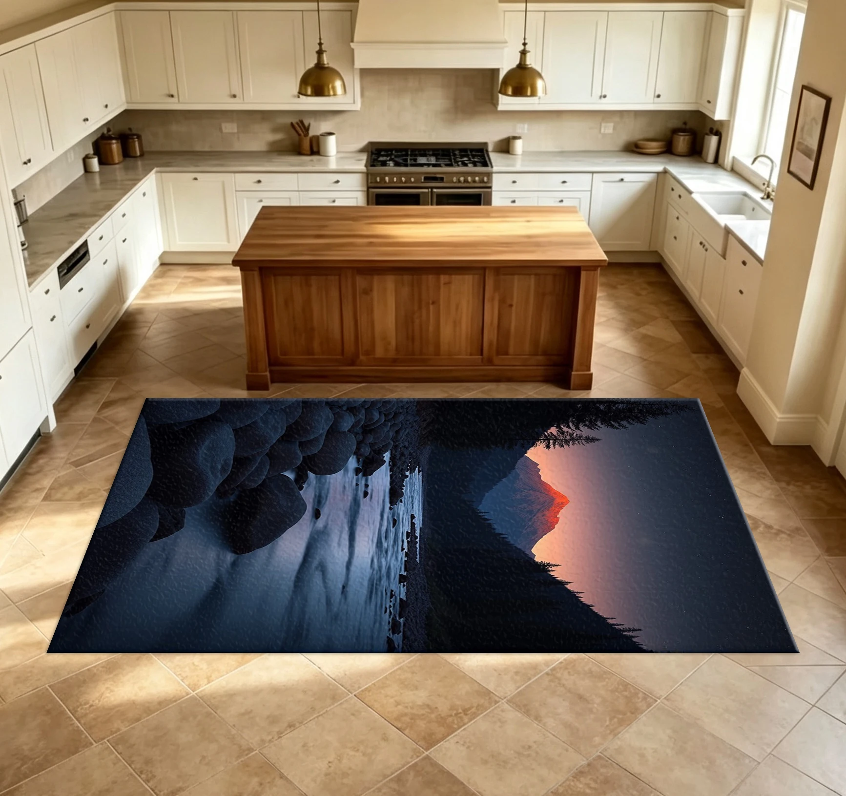 Mountain and River Night Scene Carpet, Natural Landscape Print Floor Carpet Suitable for Home Living Room and Bedroom