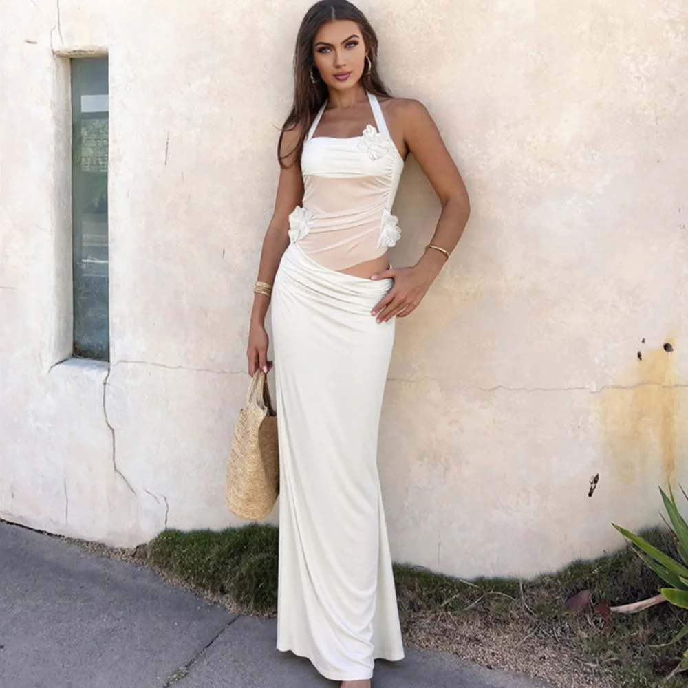 فستان ماكسي مثير بدون حمالات شبكي من Blifanbo للنساء، فستان طويل أنيق شفاف بدون أكمام مفرغ