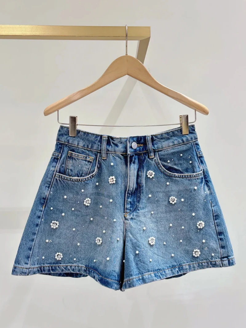 

High Waist Denim Shorts Embroidered Pearl Flower Summer Vacation Style Women's Premium Jeans High Waist Wide Leg Pants