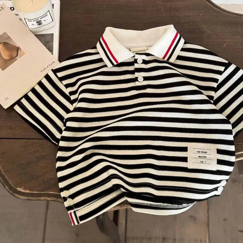 

Children's Short sleeved Polo Shirt Summer Boys and Girls Striped Cotton T-shirt Baby Polo Top