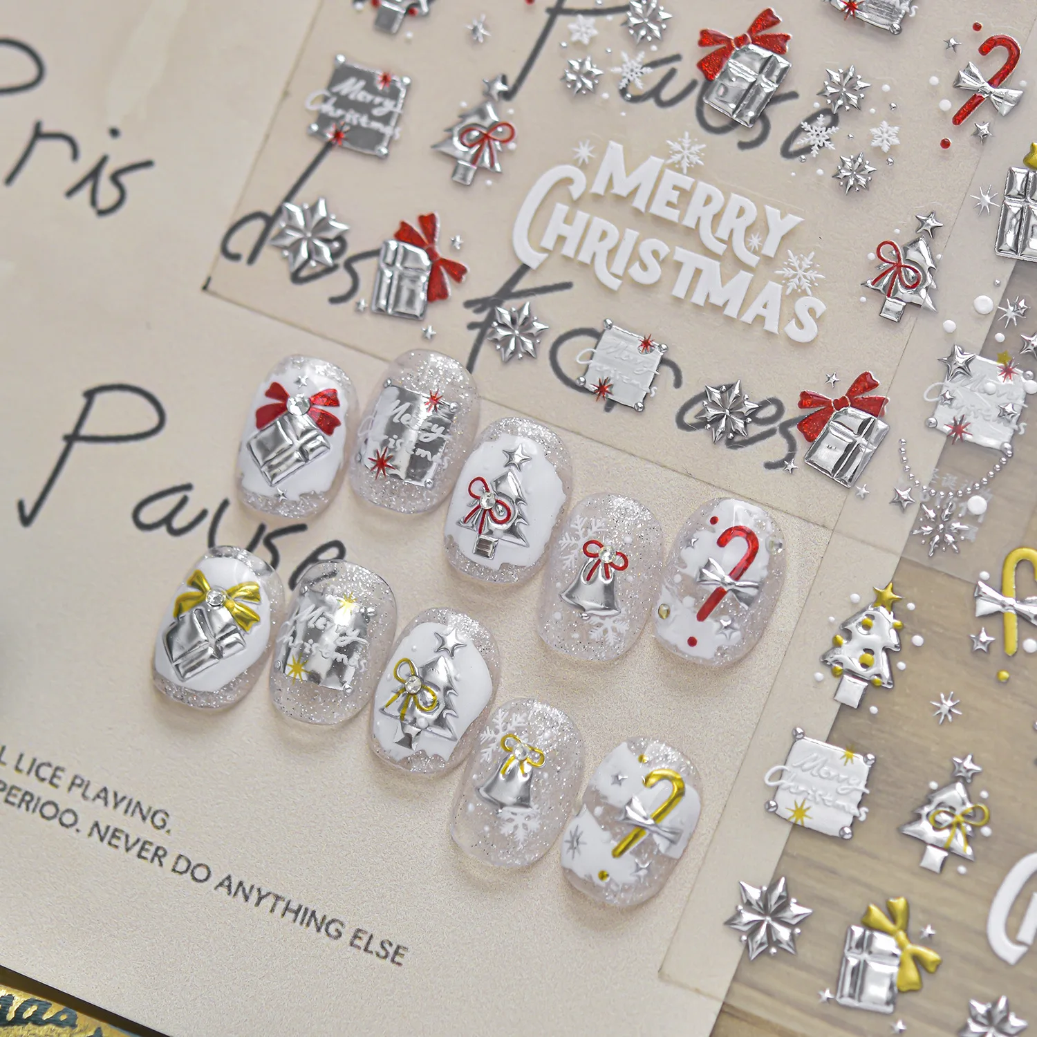 Red Silver Metal Xmas Elements 5D Nail Stickers Gift Box Bell Candy Cane Tree Snowflake Bowknot Merry Christmas Nail Art Decals