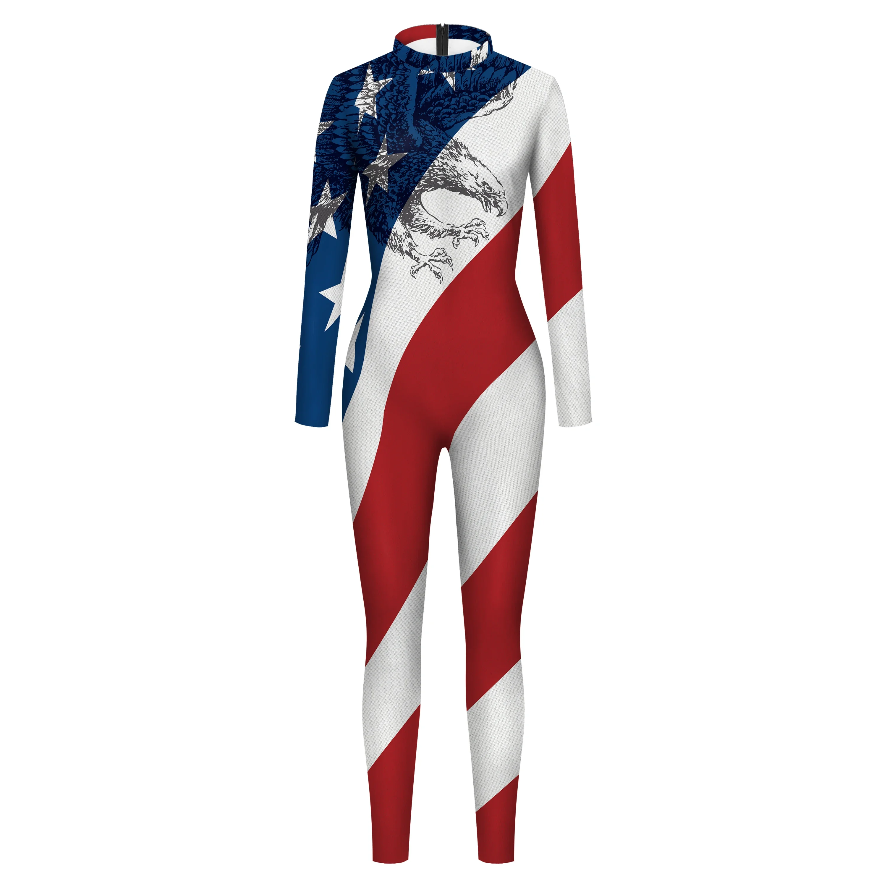 Teanoon Independence Day Costume Women US Flag Printed Bodysuit Sexy Zentai Suit Girls Holiday Clothes Party Jumpsuit