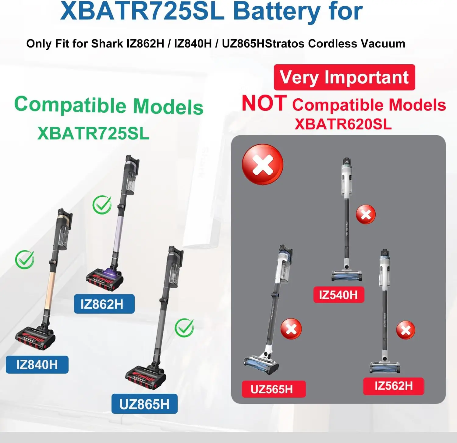 IZ840H,IZ862H,UZ865H, 1Z862HC,UZ865HCCO Shark 무선 진공 청소기와 호환되는 Shark XBATR725SL용 배터리 교체