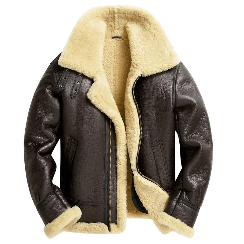 2025 chaqueta de piloto de piel de oveja auténtica de invierno de alta calidad para hombre, cazadora militar marrón B3, chaquetas de cuero turco de lana para hombre, Parka