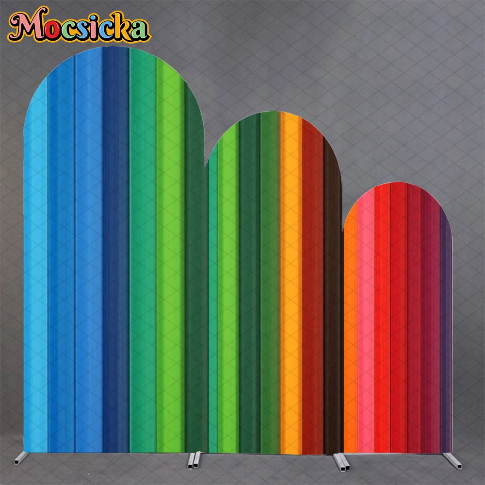 

Mocsicka Birthday Arch Covers Backdrop Double-Faced Wedding Arched Background Color Pink Brown Blue Red Green Stripe Decorations
