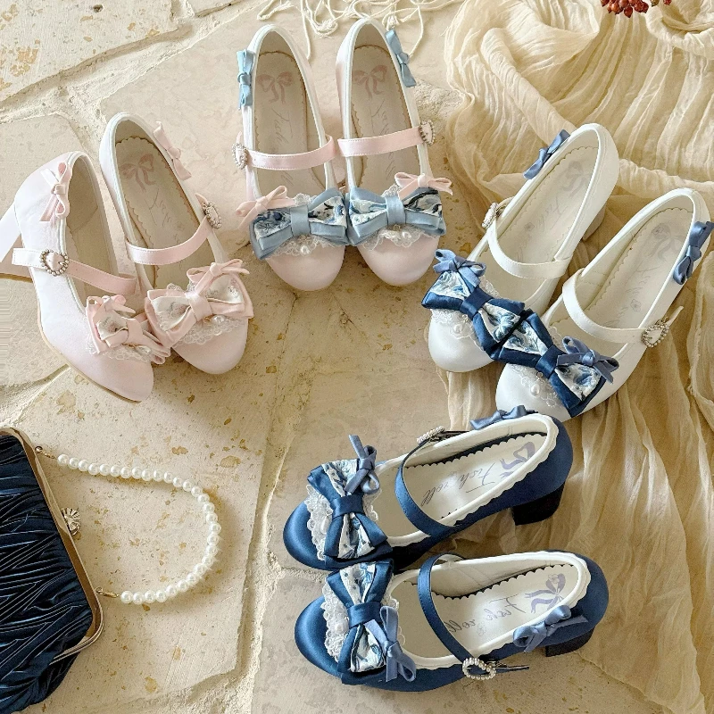 

Original Chinese Style Blue White Porcelain Thick Heel Pointed Single Shoes Women Pearl Elegant Satin Lolita Bow High Heels