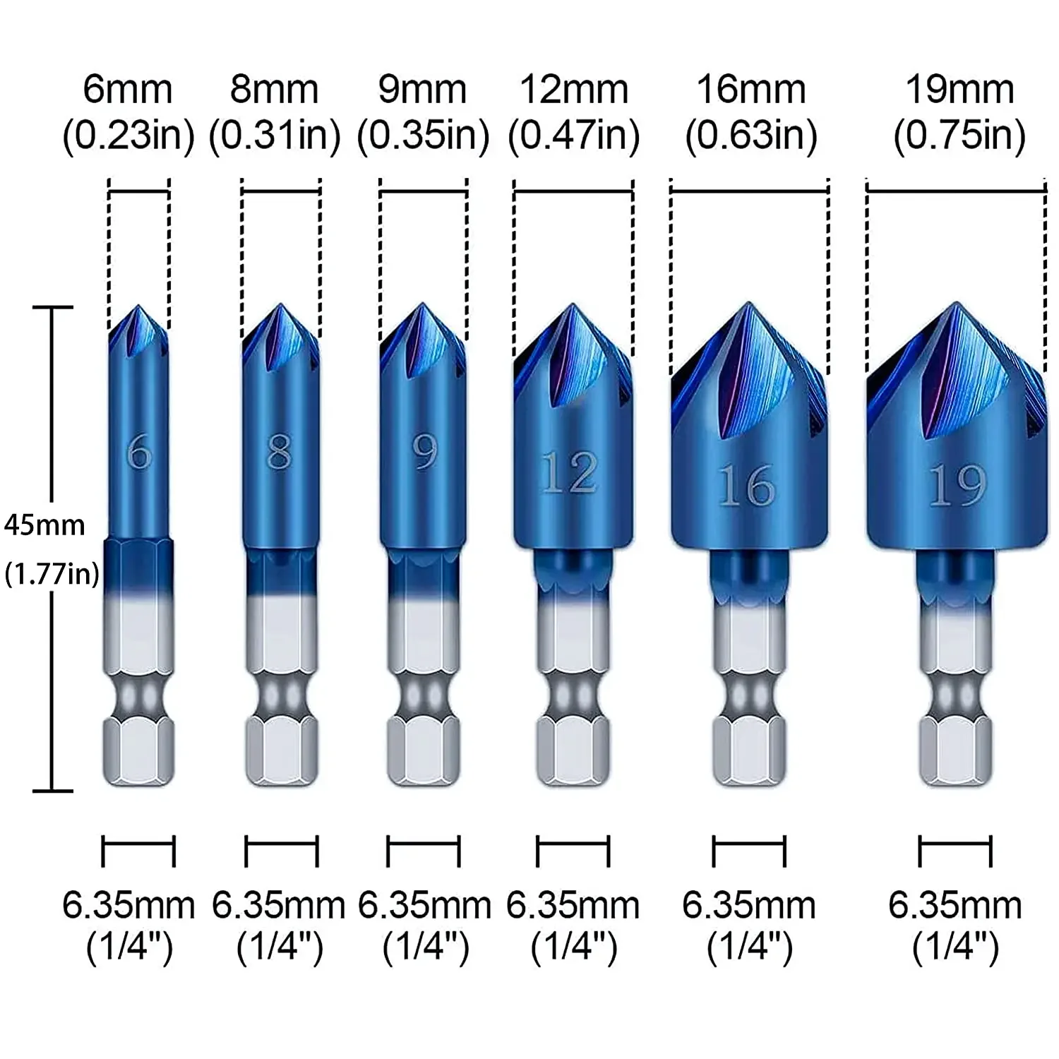 Binoax Nano Blue 5-Flute Countersink Drill Bit 6pcs 90 Degree Wood Chamfering Cutter Chamfer 1/4 Hex Shank