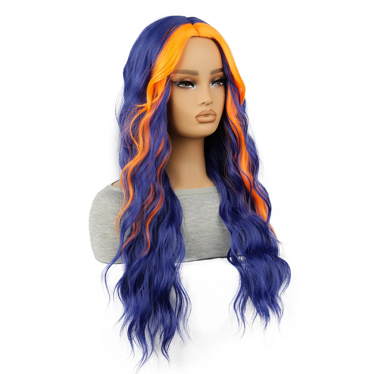 Nuova parrucca con ondulazione dell'acqua blu medio, parrucca femminile con cappuccio lungo e capelli ricci di Halloween
