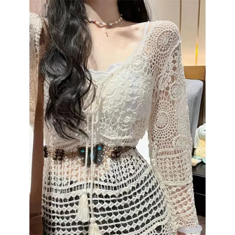 Crochet Tunic Top Boho Women Sheer Embroidery Open Knit Bell Sleeve Tie Front Open Knit Top Pullover Summer Vacation Beach Wear