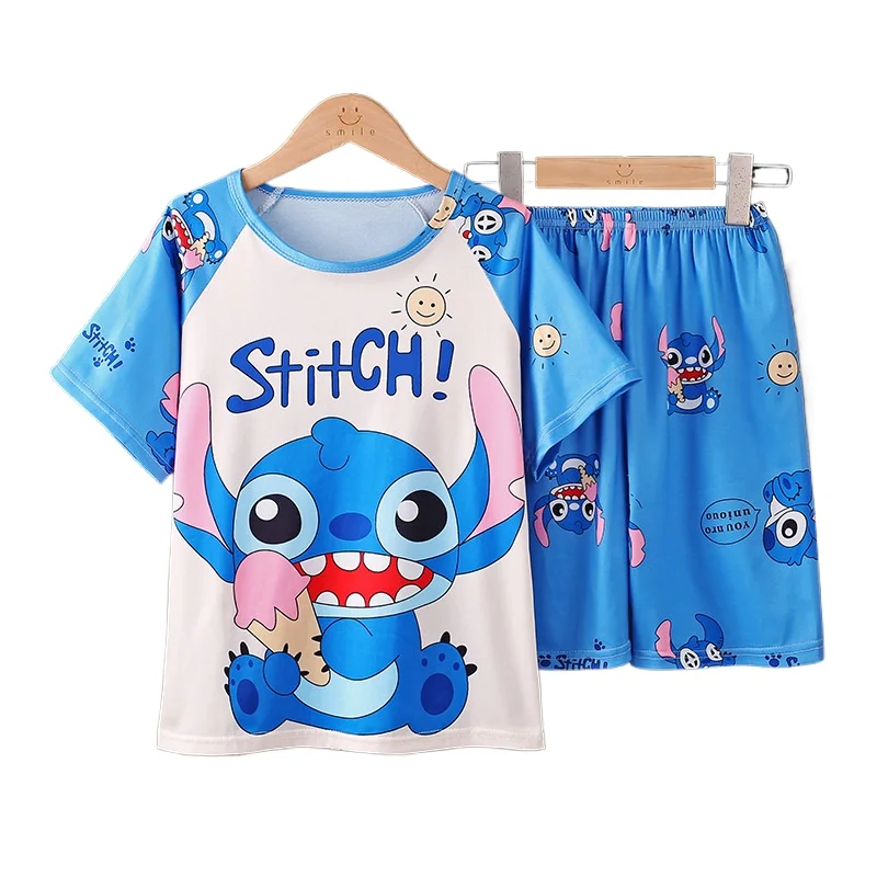 Disney Stitch Summer Thin Girls Pajamas Set Pijama  Anime Kawaii Modal Home Service Two-Piece Suit New Children's Clothing