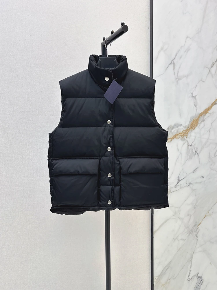 Autumn Winter Fashion Black Color Simplicity Straight Barrel Down Waistcoat Women's Stand Collar Sleeveless Versatile Warm Coat
