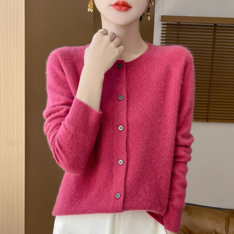 100% Merino Wool Women Sweater Knitted Cashmere Cardigan Basic Knitwear Fashion Spring Autumn Female O-Neck Clothing Tops