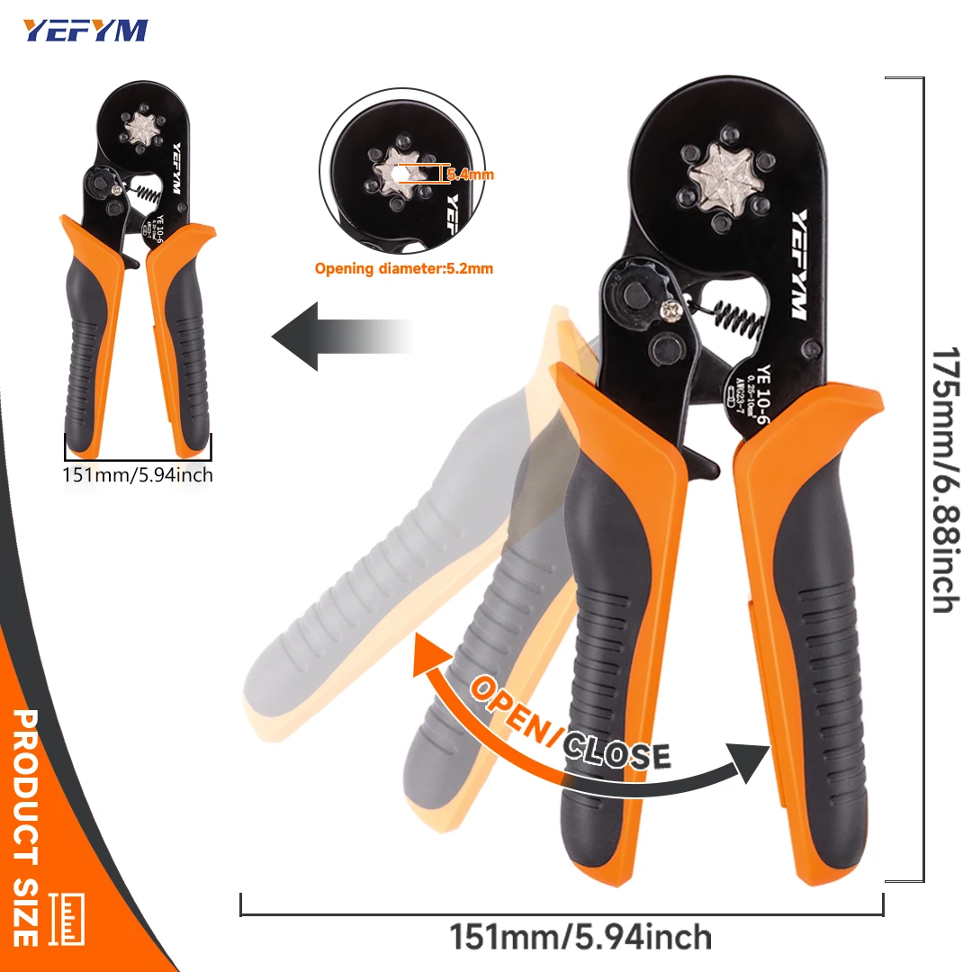 Crimping Pliers Set Ferrule Pin Terminal Connectors YE 10-6 Mini Adjustable Ratchet Electricians Hexagonal YEFYM Tools