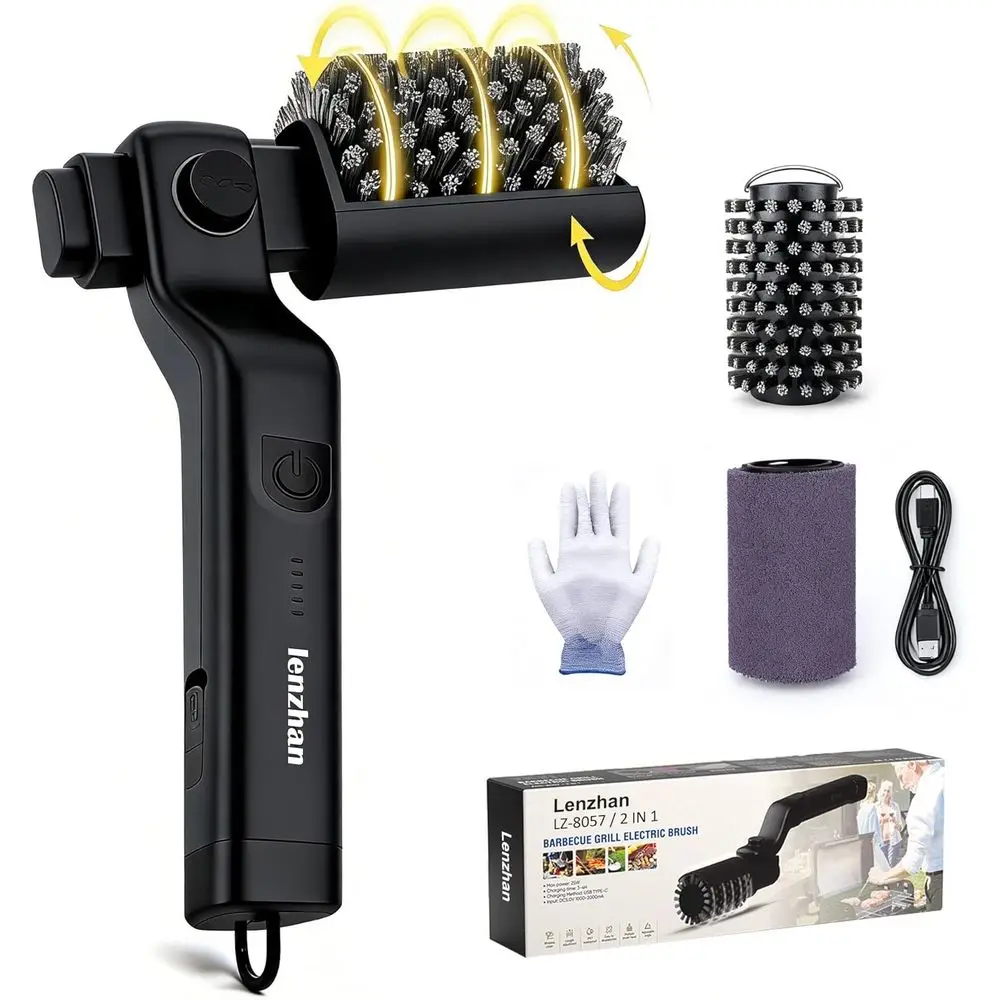 

Adjustable Angle Electric Grill Brush, 3-Speed Motor, Stainless Steel, Rechargeable, 90-Min Use, Waterproof Cleaner for BBQ Grat