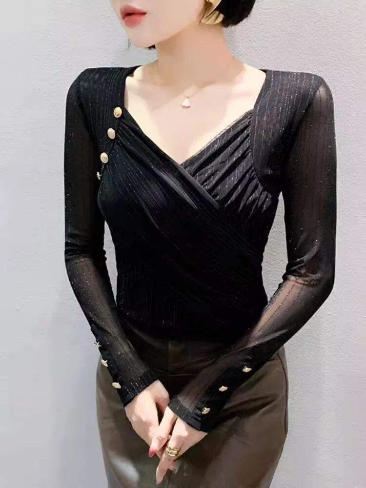 Party Charming Elegant Female Autumn Winter Woman Pullover T-shirt Cross V-neck Splicing Mesh Shirring Sheer Diamond Set