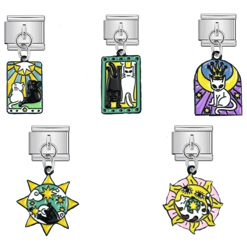 New Cartoon Cat Tarot Card Pendant, Italian Charm, Stainless Steel link, Suitable For 9mm Bracelet DIY Jewelry Wholesale