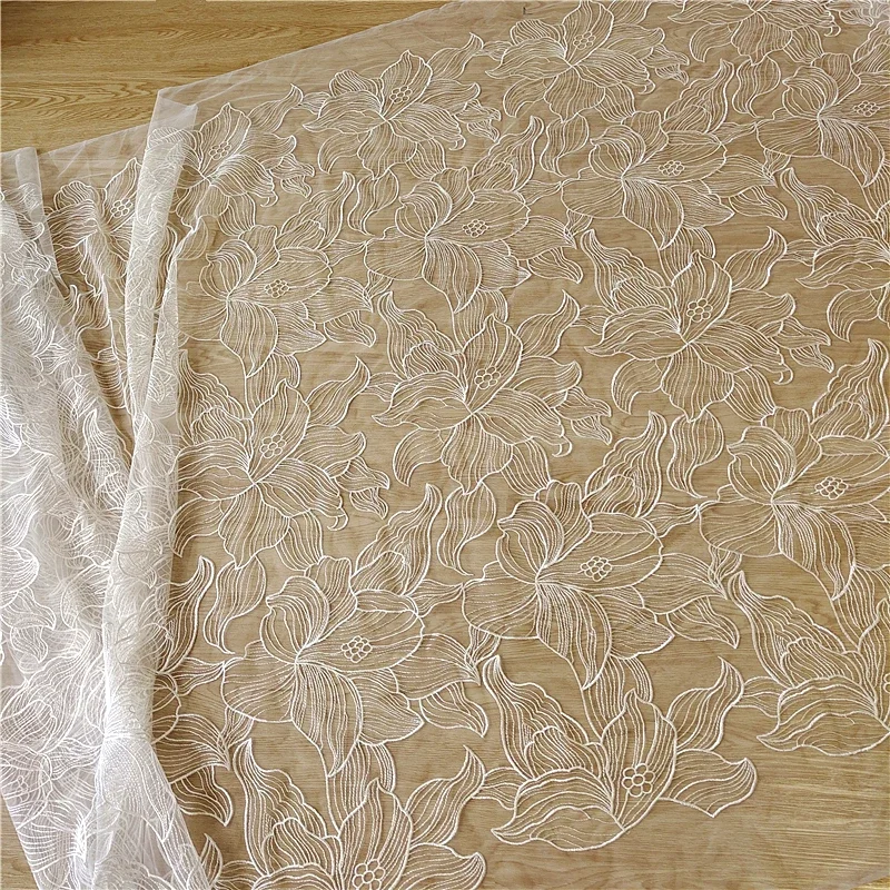 Off White Tulle / Net Flower Embroidery French Bridal Wedding Dress Lace fabric DIY Sewing Fabric Designer Fabric By The Yard