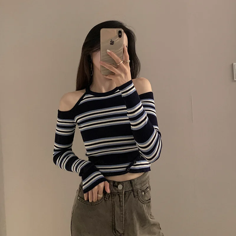 

Slim Fit Striped Knit Top Women's Design Sense oulder Bared Neline Long Sve Autumn Winter New Sle Korean Sle