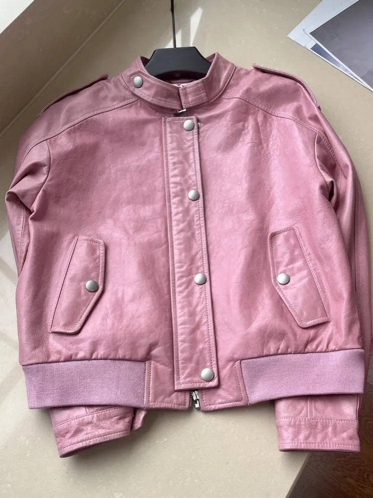 Street Style opstaande kraag echt leer ritsjack effen kleur schapenvacht losse dames lange mouwen single-breasted jassen