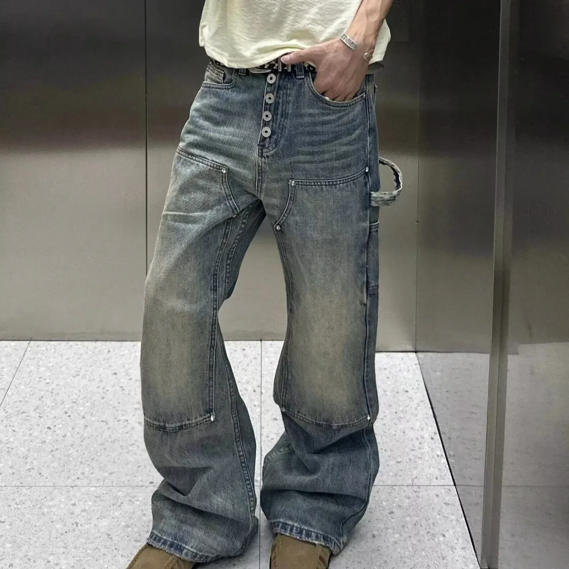 Men's Tapered Straight Leg Jeans Man Spring Autumn New Washed Vintage Spliced American Street Style Trendy Casual Trousers